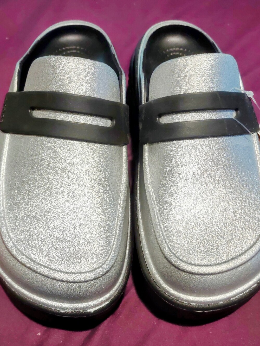 New Women's Slip-On Metallic Silver Loafers with Black Accent Sz 6